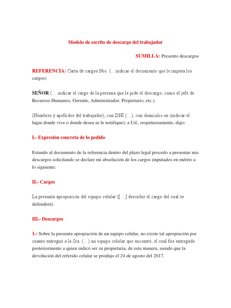 Modelo de Escrito de Descargo Del Trabajador | Virtud | Política