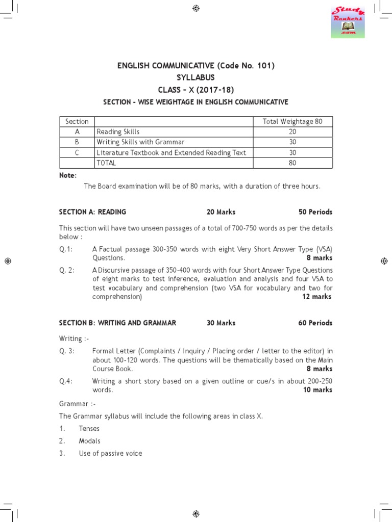 English Communicative (Code No. 101) Syllabus CLASS - X (2017-18) | PDF ...