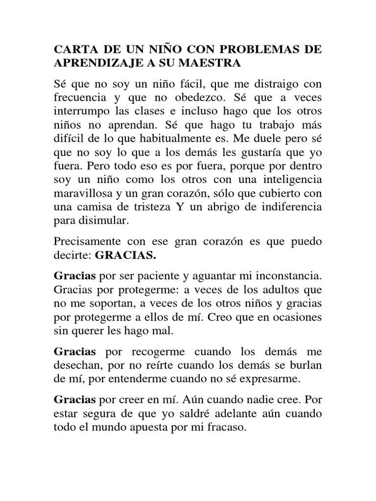 Carta de Un Niño Con Problemas de Aprendizaje A Su Maestra | PDF