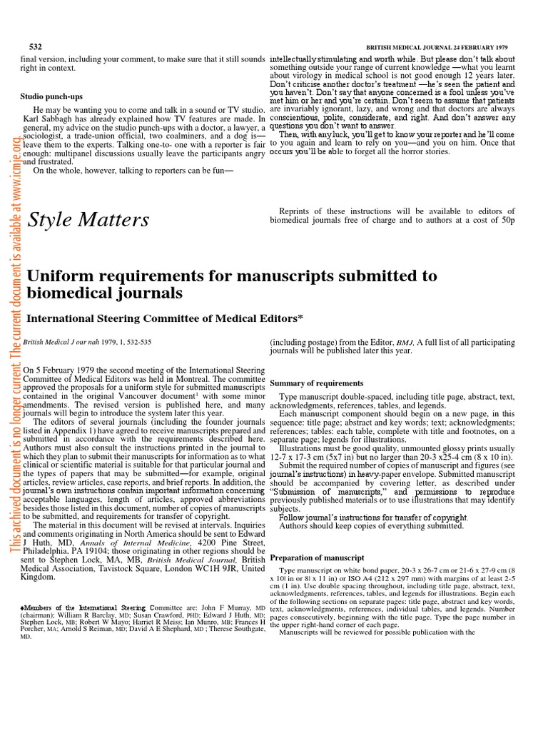 Style Matters Uniform Requirements For Manuscripts Submitted To