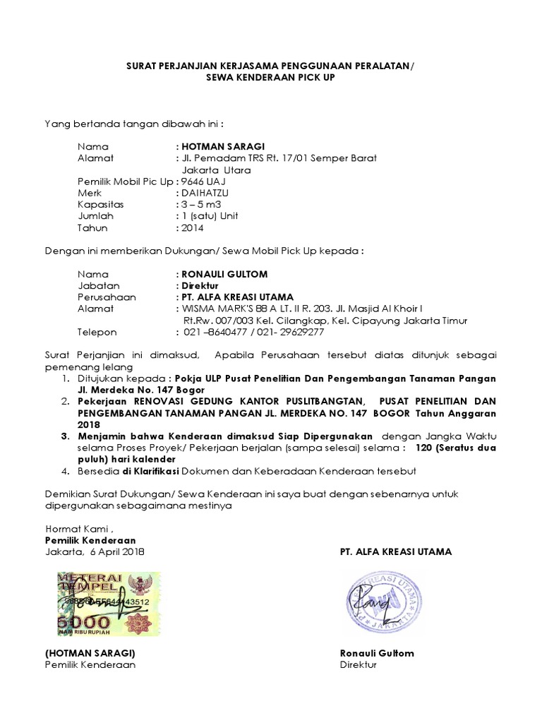 Contoh Surat Sewa Kendaraan Pick Up | PDF