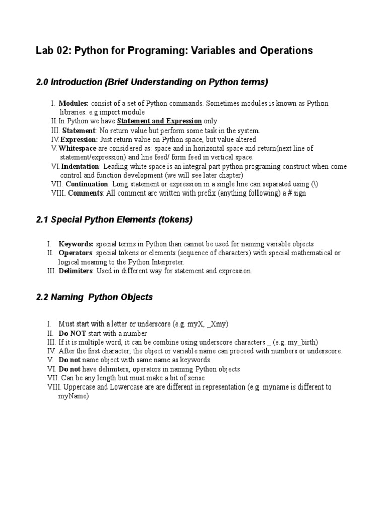 Lab 02: Python For Programing: Variables and Operations: 2.0 ...