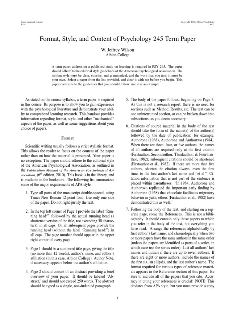 Format, Style, and Content of Psychology 245 Term Paper: W. Je Ffrey ...