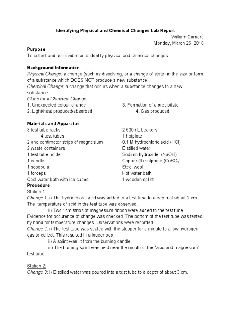 Physical and Chemical Changes Lab Report | PDF | Magnesium | Ice