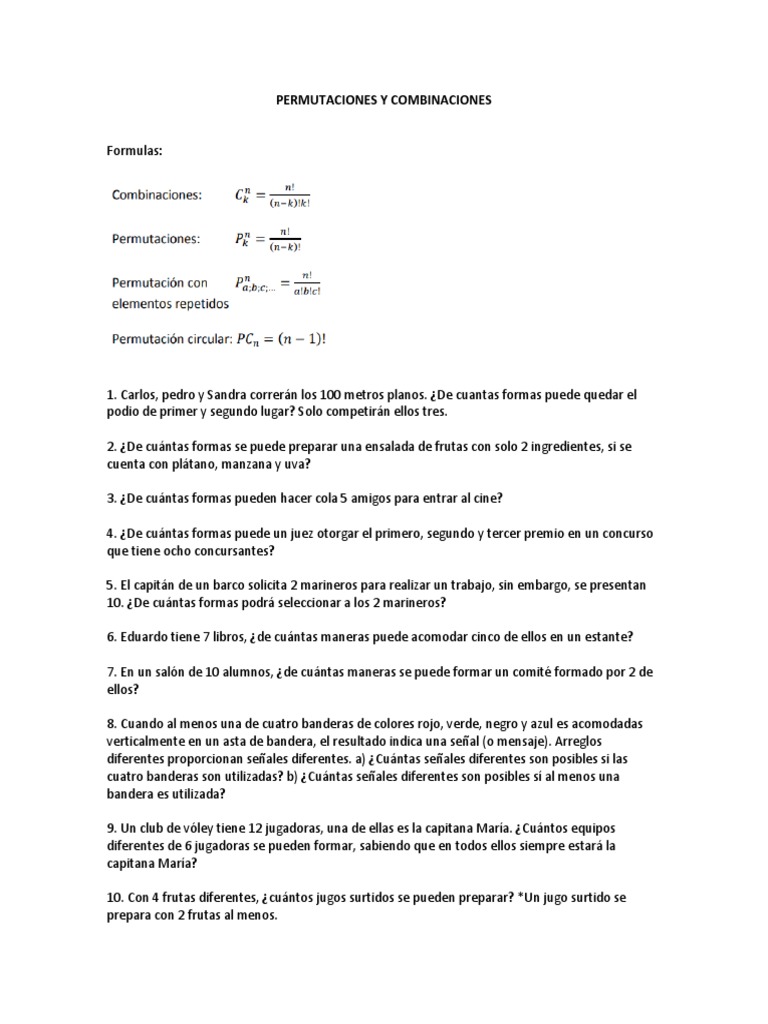 Ejercicios de Permutaciones y Combinaciones | PDF | Asociación de ...