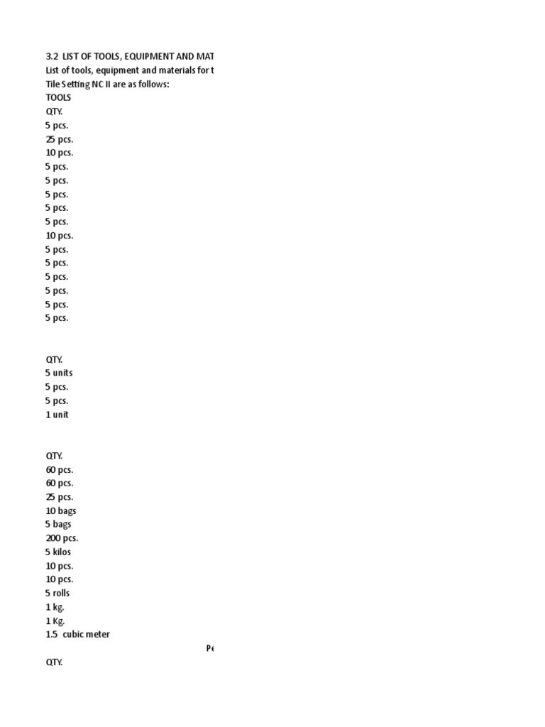 List of Tools and Consumable For Tile Setting NCII PDF