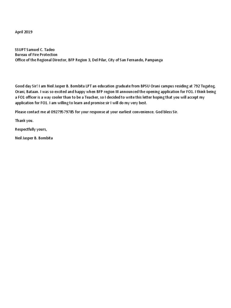 sample of application letter for bfp