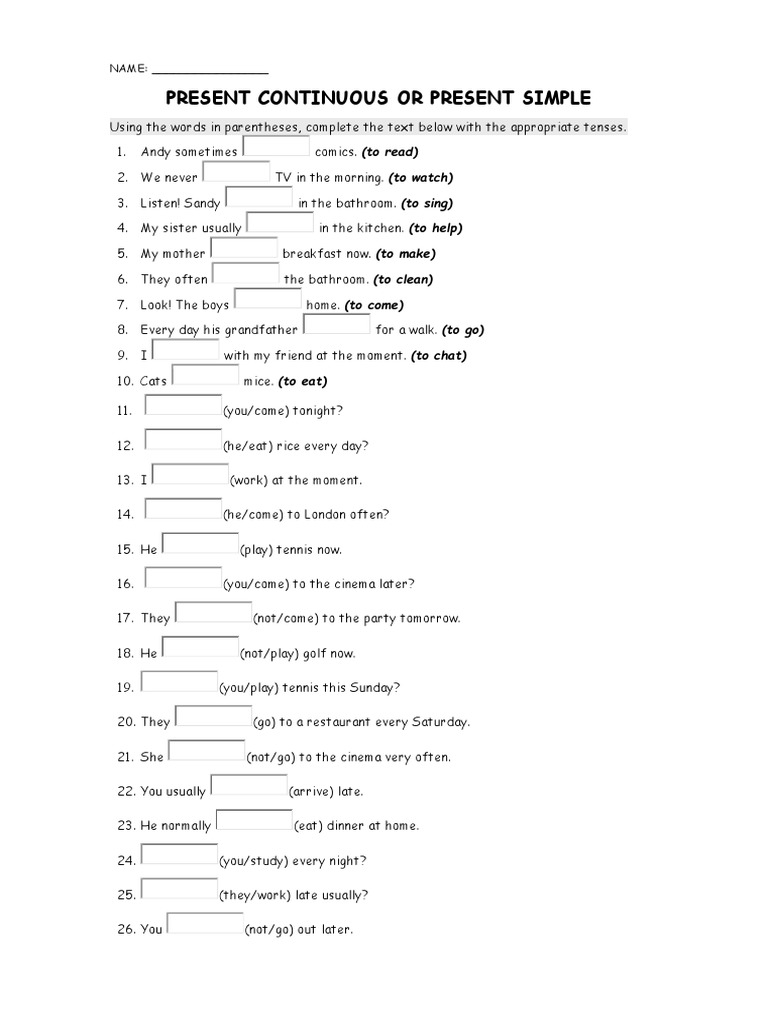 Present Simple vs Continuous Exercises | PDF | Languages | Language ...