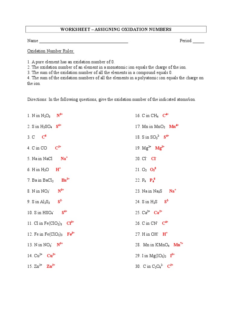 Redox Worksheet 1 Assigning Oxidation Numbers