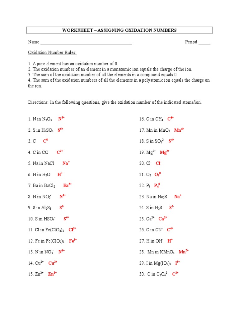 Worksheet Assigning Oxidation Numbers Key doc