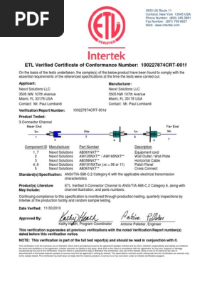 Nexxt Solutions Etl Verified Certificate for Cat6 3 Connector Channel