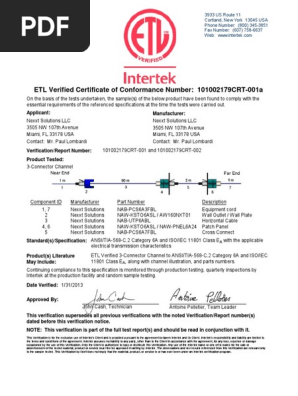 Nexxt Solutions Etl Verified Certificate for Cat6a 3 Connector Channel