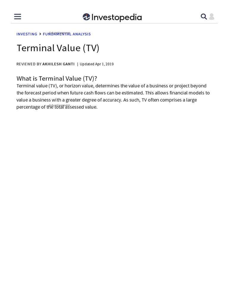 Terminal Value (TV) Definition PDF Discounted Cash Flow Discounting