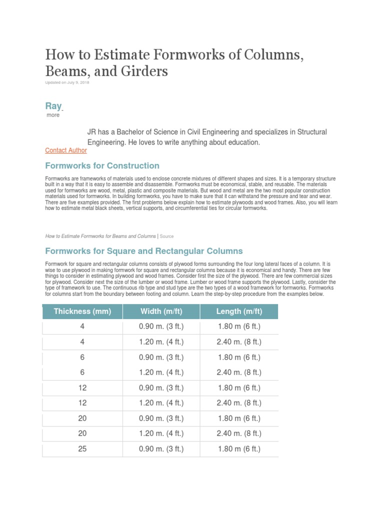 Estimating Formworks for Columns | PDF | Area | Lumber