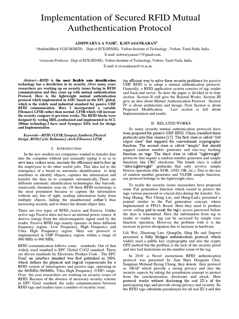 Implementation of Secured RFID Mutual Authethentication Protocol | PDF ...