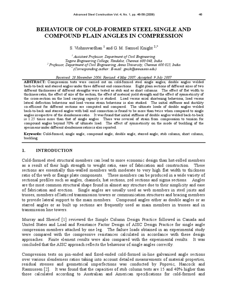 Behaviour of Cold Formed Steel Single and Compound Plain Angles in ...