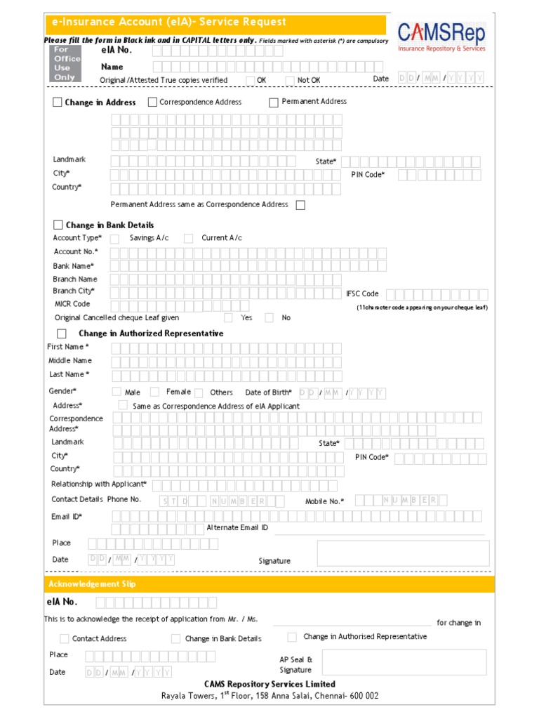 EInsurance Account (eIA) Service Request Orm PDF Cheque Banking