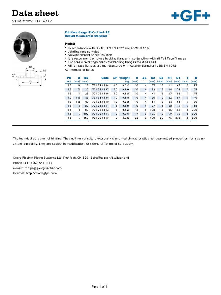 Full Face Flange PVCU Inch BS Drilled to Universal Standard