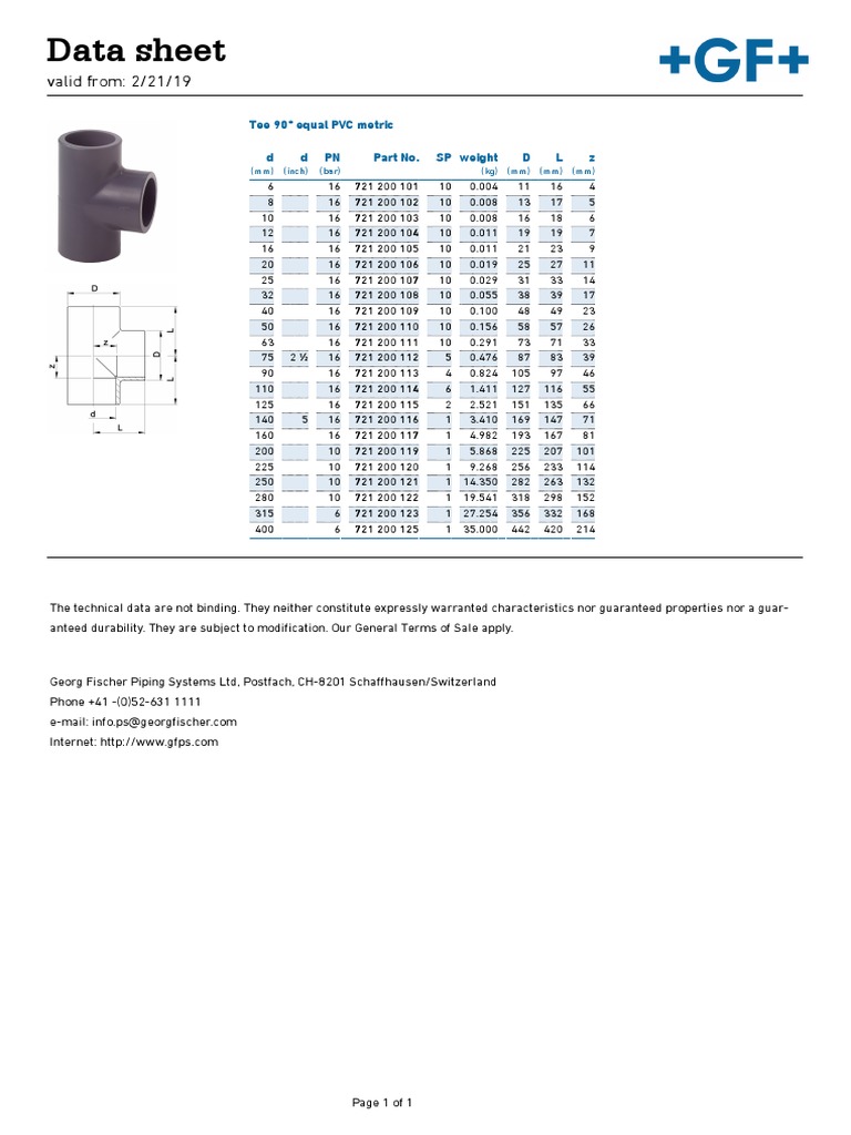 PVC Equal Tee Dimensions Data Sheet | PDF