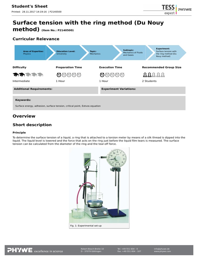 Surface Tension With The Ring Method (Du Nouy Method) (Item No