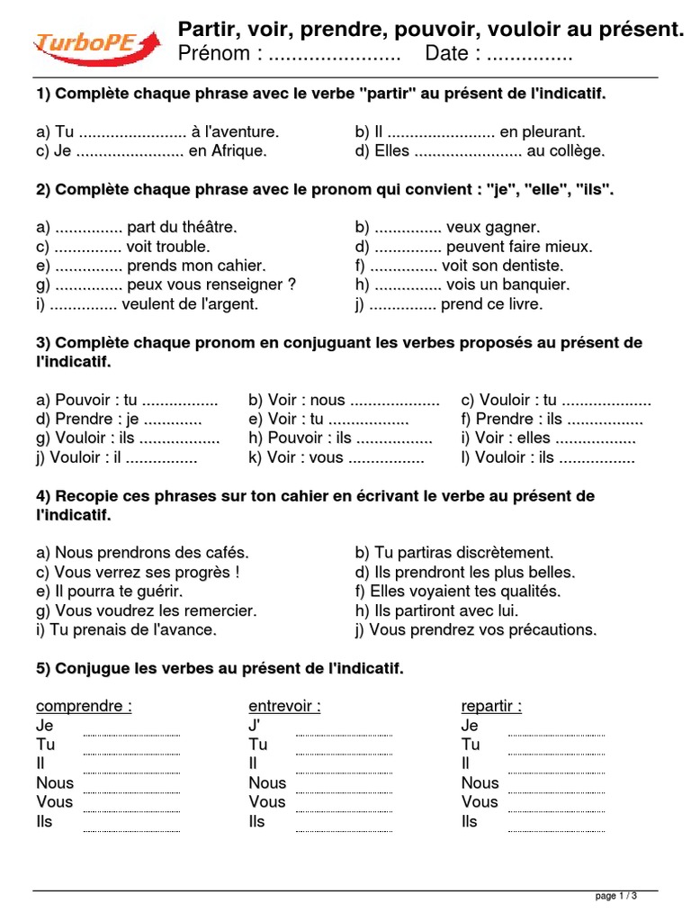 Prendre Au Passé Composé De L indicatif Fiche Partir Voir Prendre Pouvoir Vouloir Au Present | PDF | Morphologie  linguistique | Sémantique