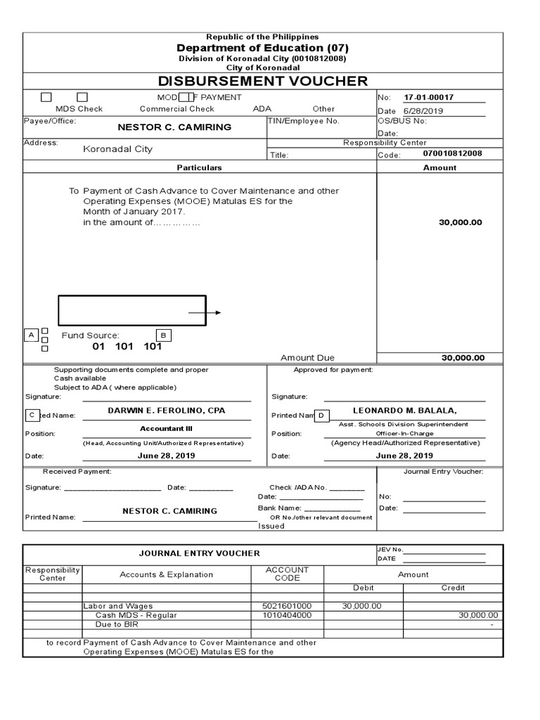 Disbursement Voucher for Matulas ES | PDF | Cheque | Financial Technology