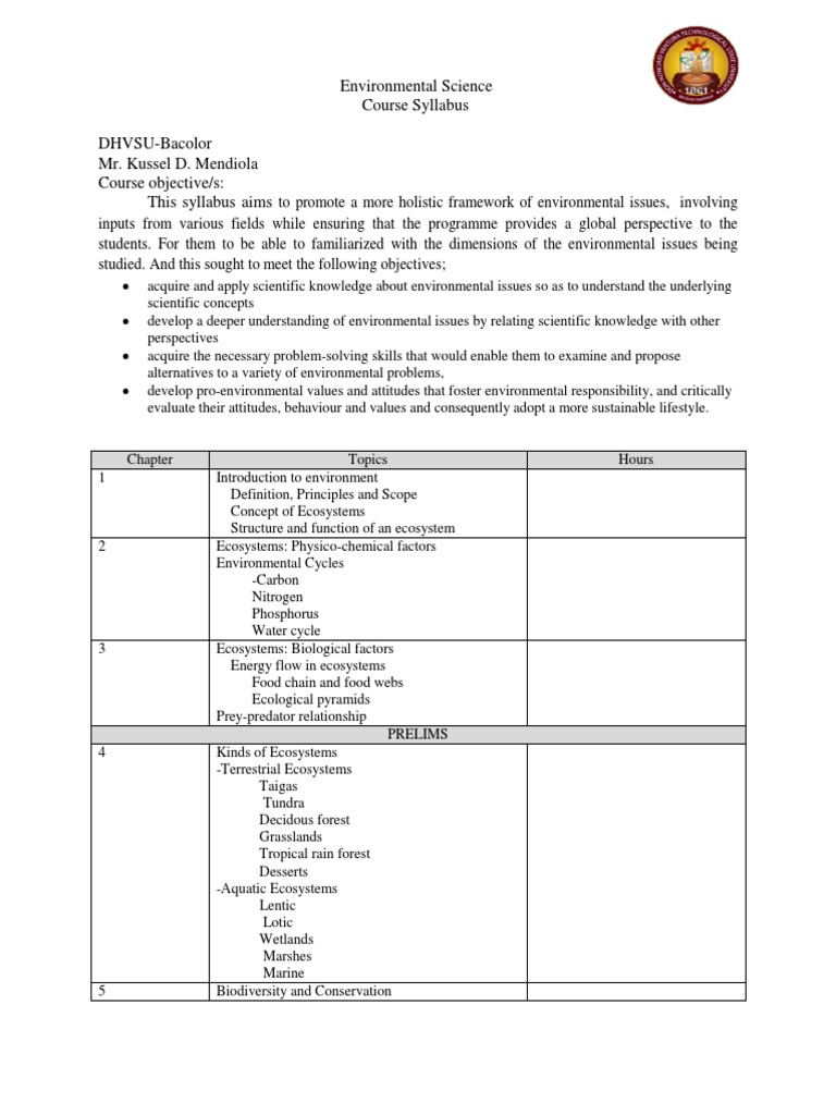 Environmental Science Course Syllabus DHVSU-Bacolor Mr. Kussel D ...