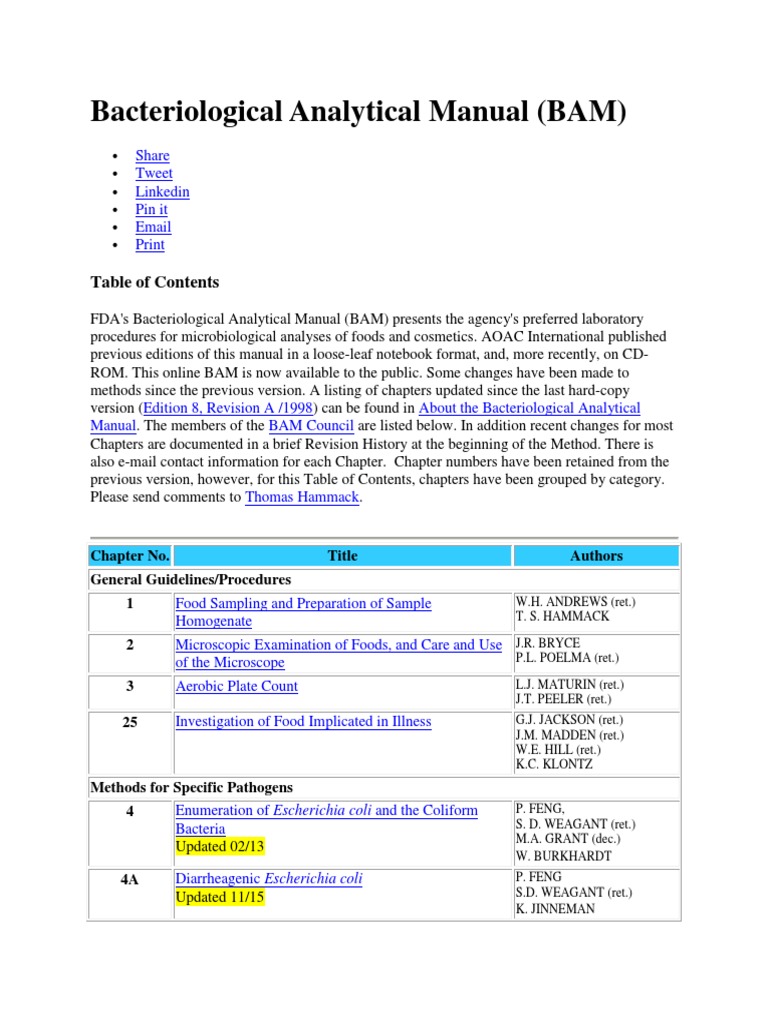Bacteriological Analytical Manual (BAM) Chapter No. Title Authors General Guidelines