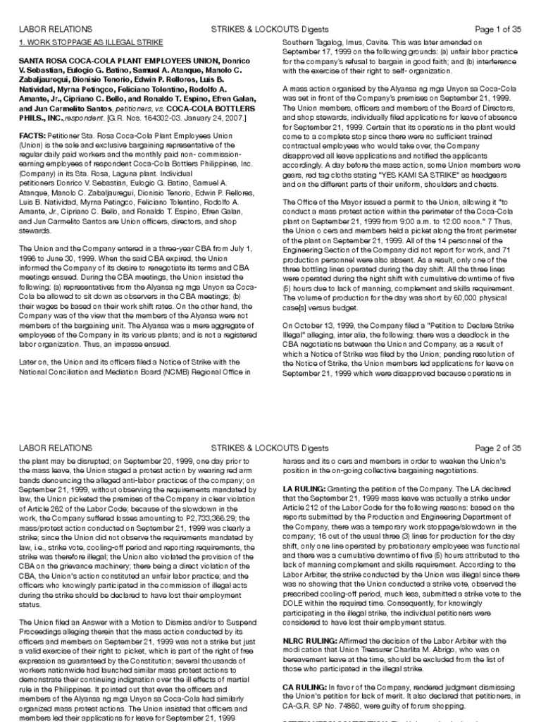 Labor Relations Strikes Lockouts Digests Pdf Strike Action