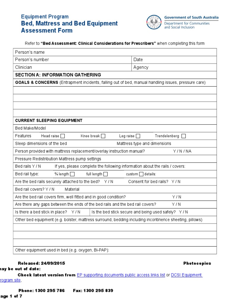 Bed and Mattress Assessment Form | PDF | Bed | Caregiver