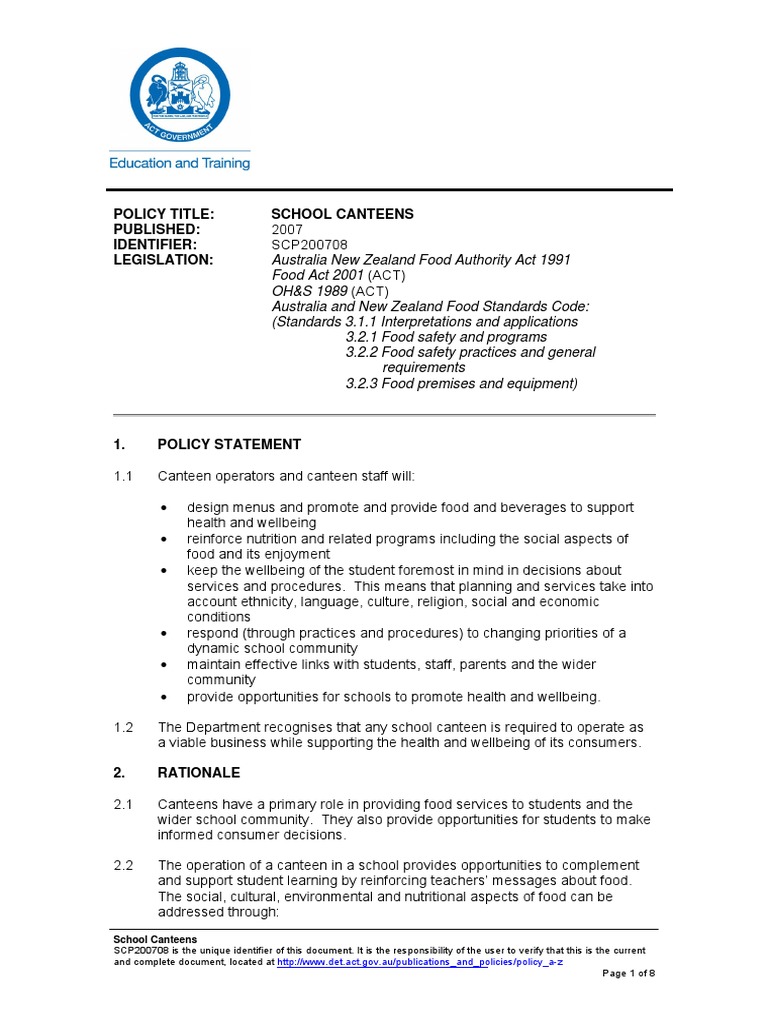 Canteen Policy PDF Employment Occupational Safety And Health
