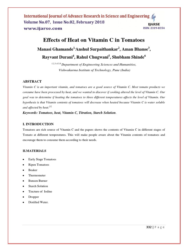 Effects of Heating On Vitamin C Levels in Tomatoes PDF Titration
