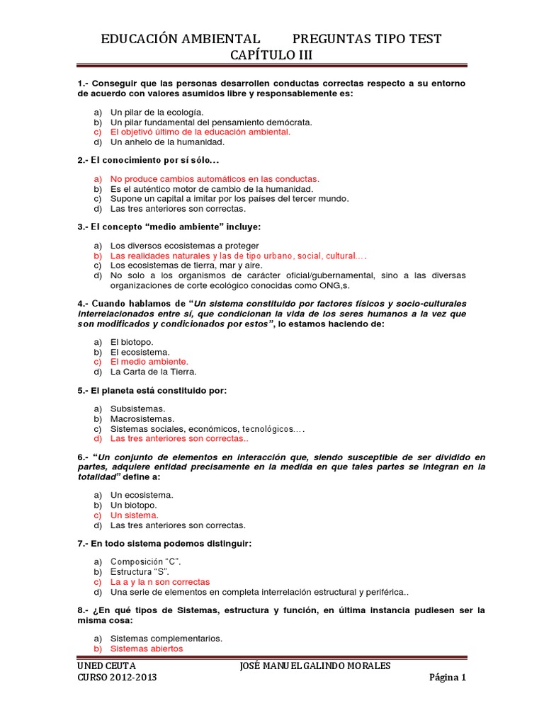 Preguntas Test sobre Educación Ambiental | PDF | Ecosistema | Entorno ...