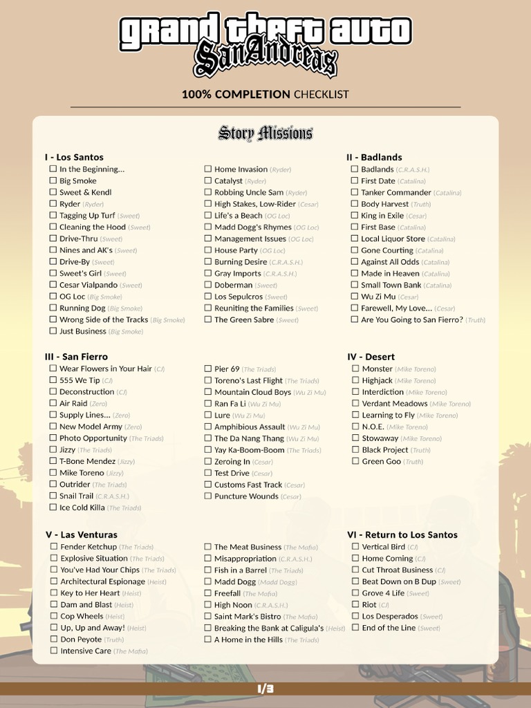 Gta San Andreas 100 % Checklist | PDF