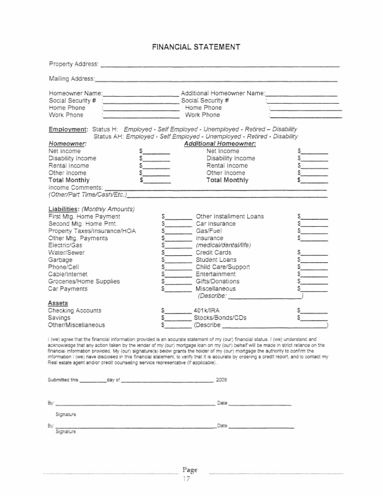 Homeowner Financial Statement Template | PDF | Loans | Social Security ...