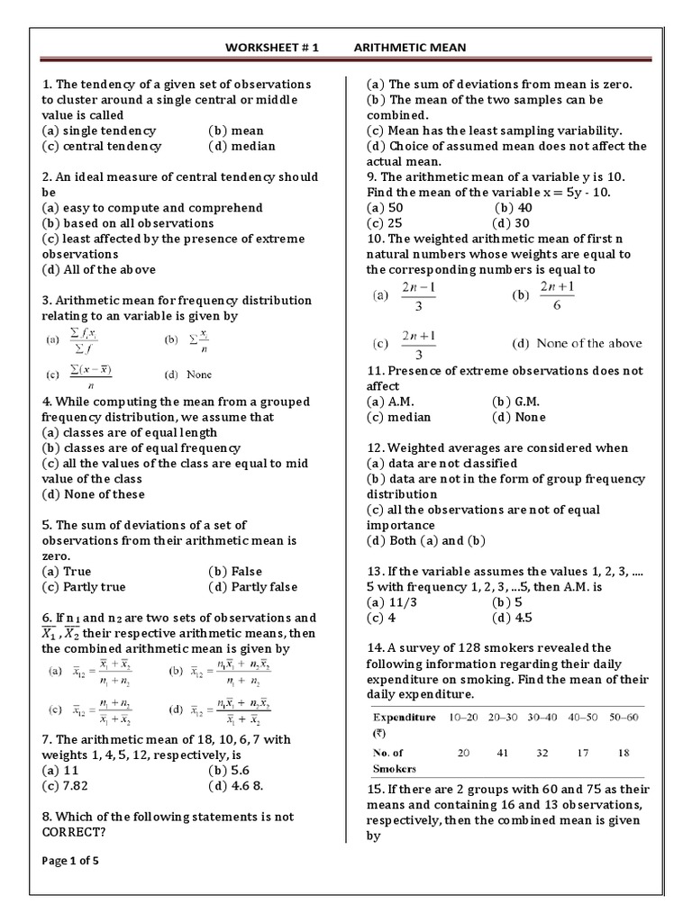 Arithmetic Mean Practice Worksheet | PDF | Arithmetic Mean | Weighted ...