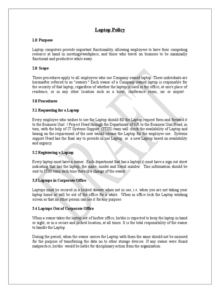 Laptop Policy1.0 PDF Laptop Human Resources