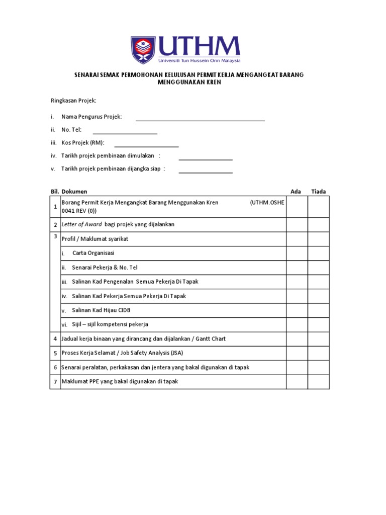 Uthm - Oshe 0041 Rev 0 - Borang PTW - Mobile Crane Lifting2 | PDF