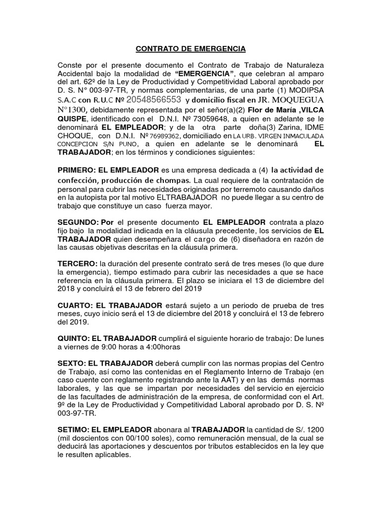 Contrato de Emergencia | PDF | Derecho laboral | Salario