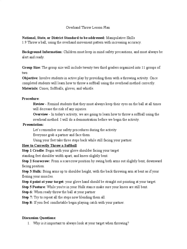 Ecd430 Overhand Throw Lesson Plan PDF Softball Sports