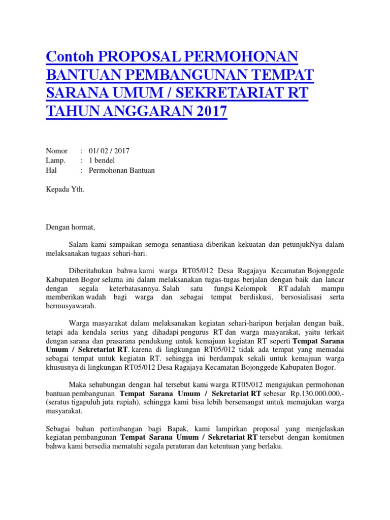 Contoh Proposal Permohonan Bantuan Pembangunan Tempat Sarana Umum Docx