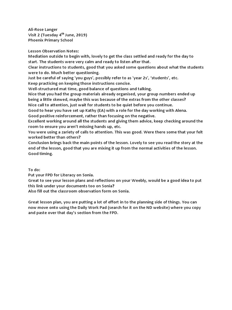 Lesson Observation for Ali-Rose Langer | PDF | Lesson Plan | Learning