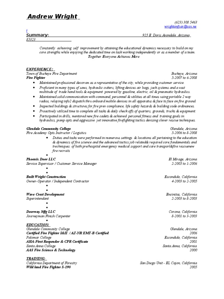 Fire-Training Resume - Doc.doc (DZ Build-Fire Final) Andrews | PDF ...