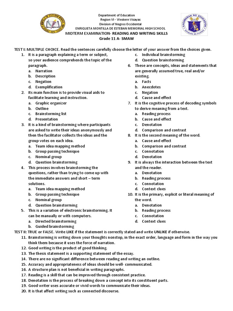 Reading and Writing Exam PDF Brainstorming Bass Guitar