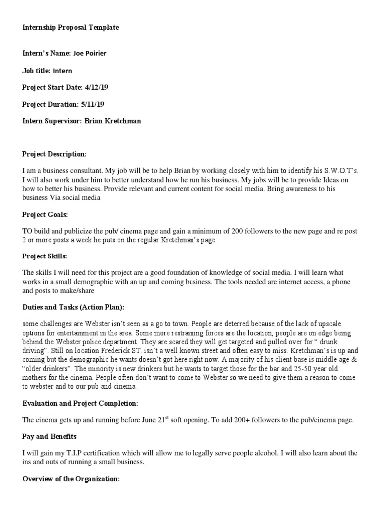 Internship Proposal for Kretchman's Bar | PDF