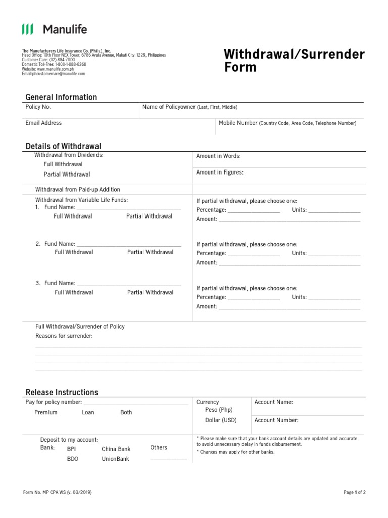 Withdrawal and Surrender Form (V. 03.2019) | PDF | Bankruptcy | Insurance