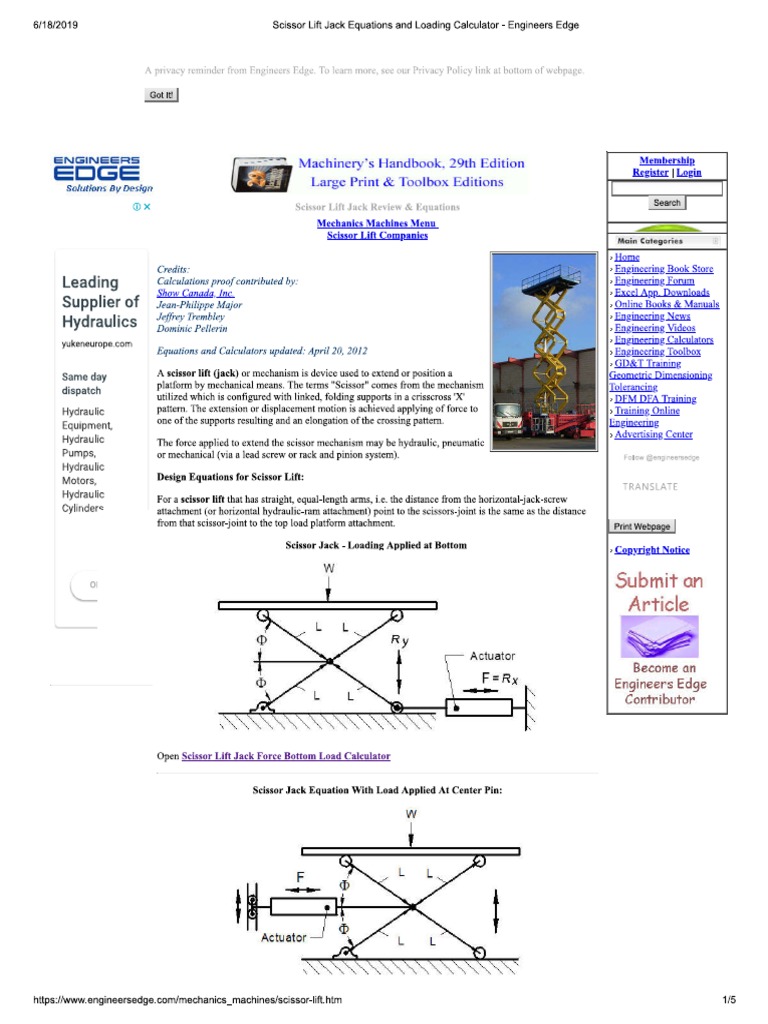 Scissor Lift Jack Equations and Loading Calculator Engineers Edge PDF