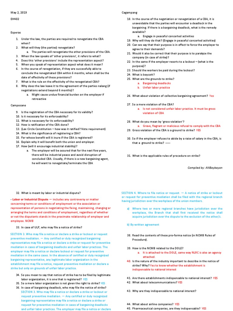A. Bargaining Deadlocks B. Unfair Labor Practice Yes Compiled By