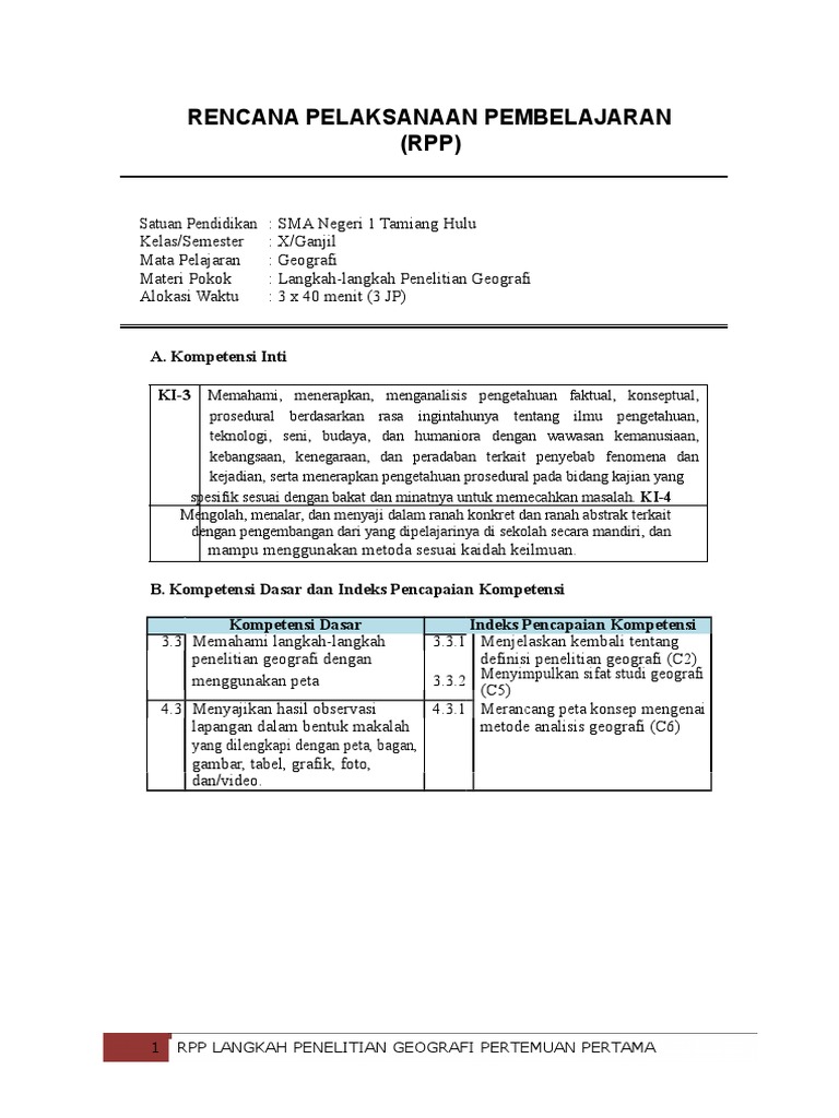 Perbaikan Rpp Langkah Penelitian Geografi Pertemuan Pertama