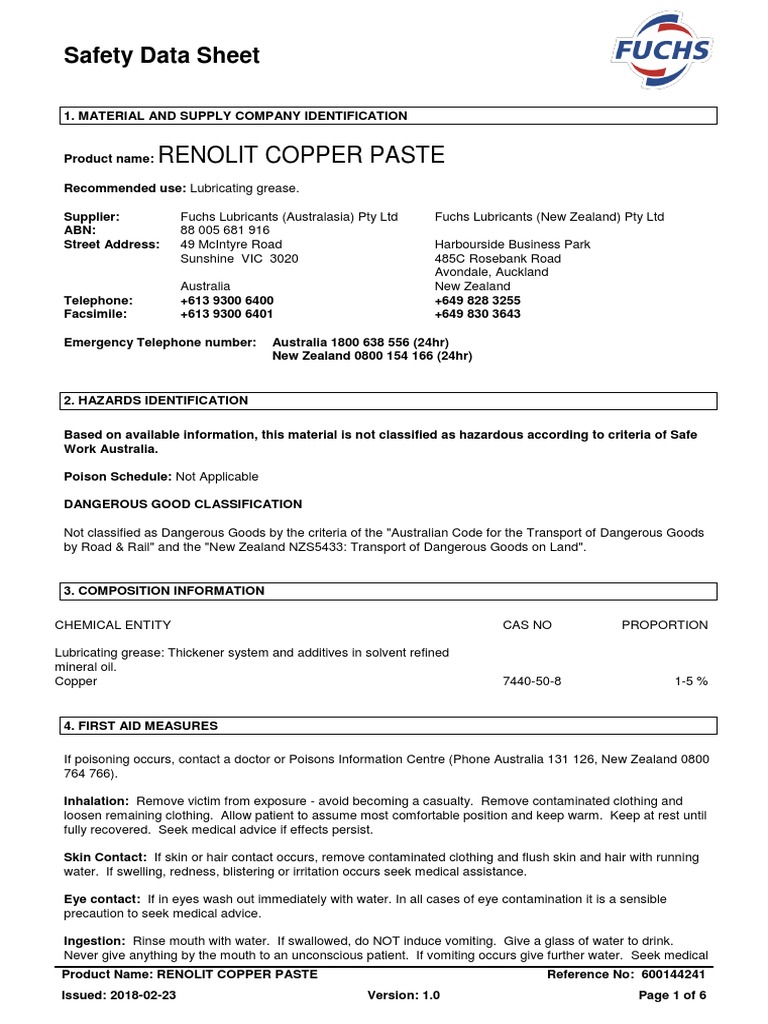 Renolit Copper PasteSds PDF Dangerous Goods Toxicity